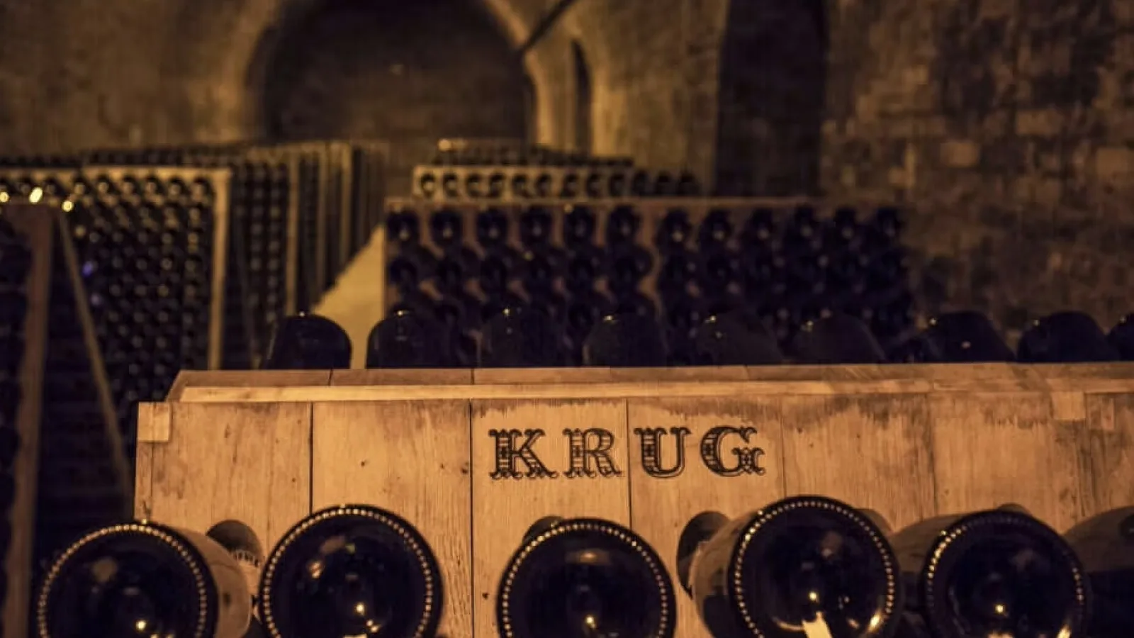 Krug bottles resting in the cellar