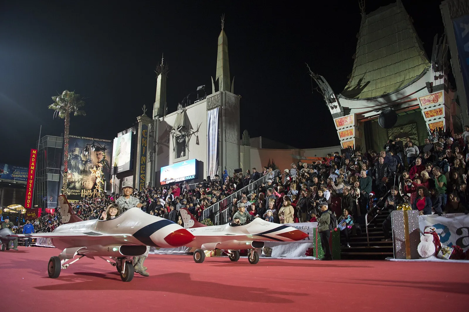 The Hollywood Christmas Parade on Hollywood Boulevard at night